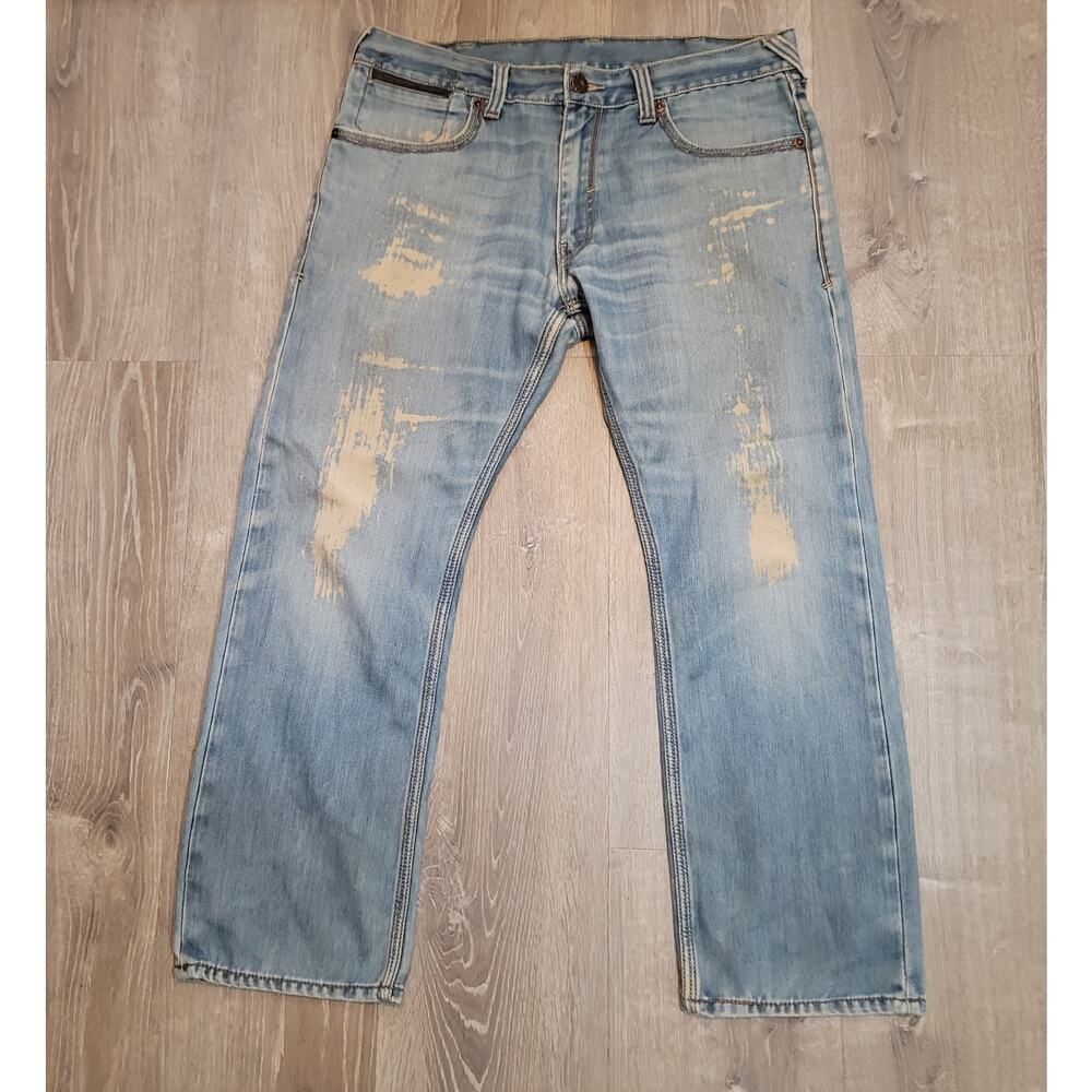 Levi’s 514 Slim Straight Distressed Light Wash Grunge Biker Workwear Jeans 38x30